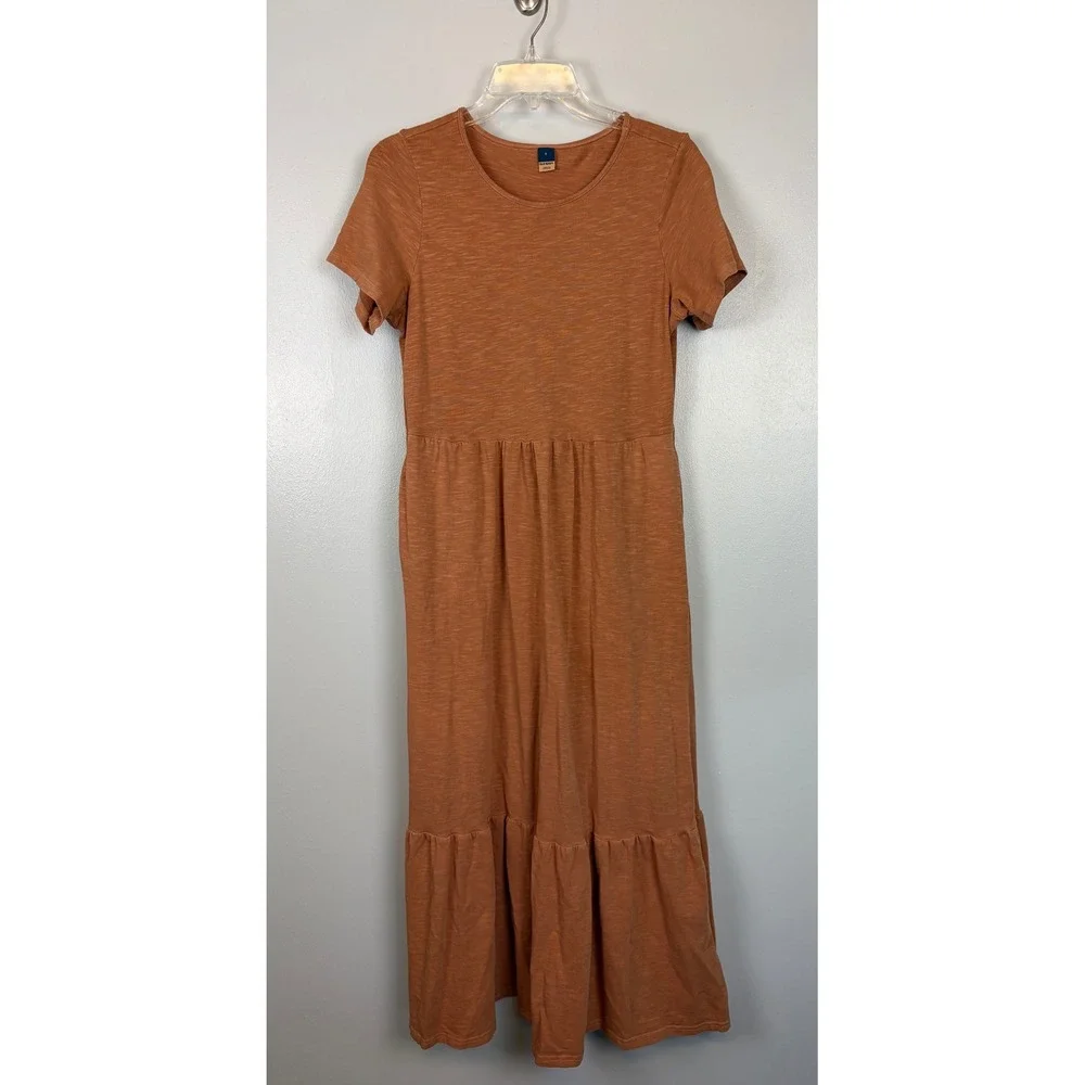 Old Navy Orange Slub Knit Tiered Swing Midi Dress Small Short Sleeve Stretch - Picture 1 of 6